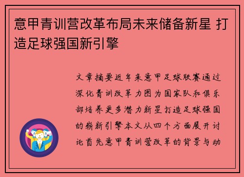 意甲青训营改革布局未来储备新星 打造足球强国新引擎